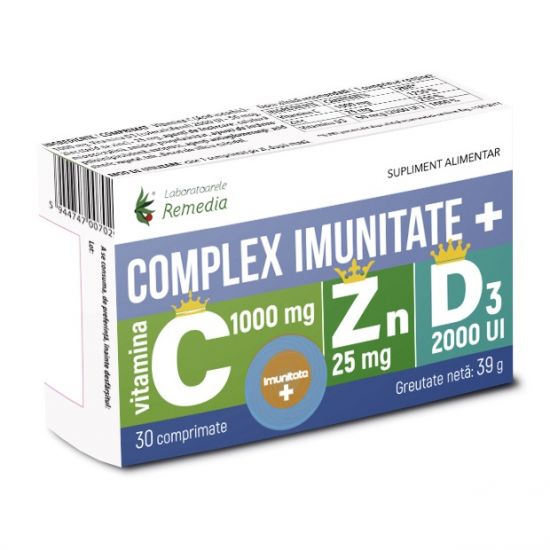 Complex imunitate Vitamina C 1000mg + Zinc 25mg + Vitamina D3 2000 UI, 30 comprimate, Laboratoarele Remedia