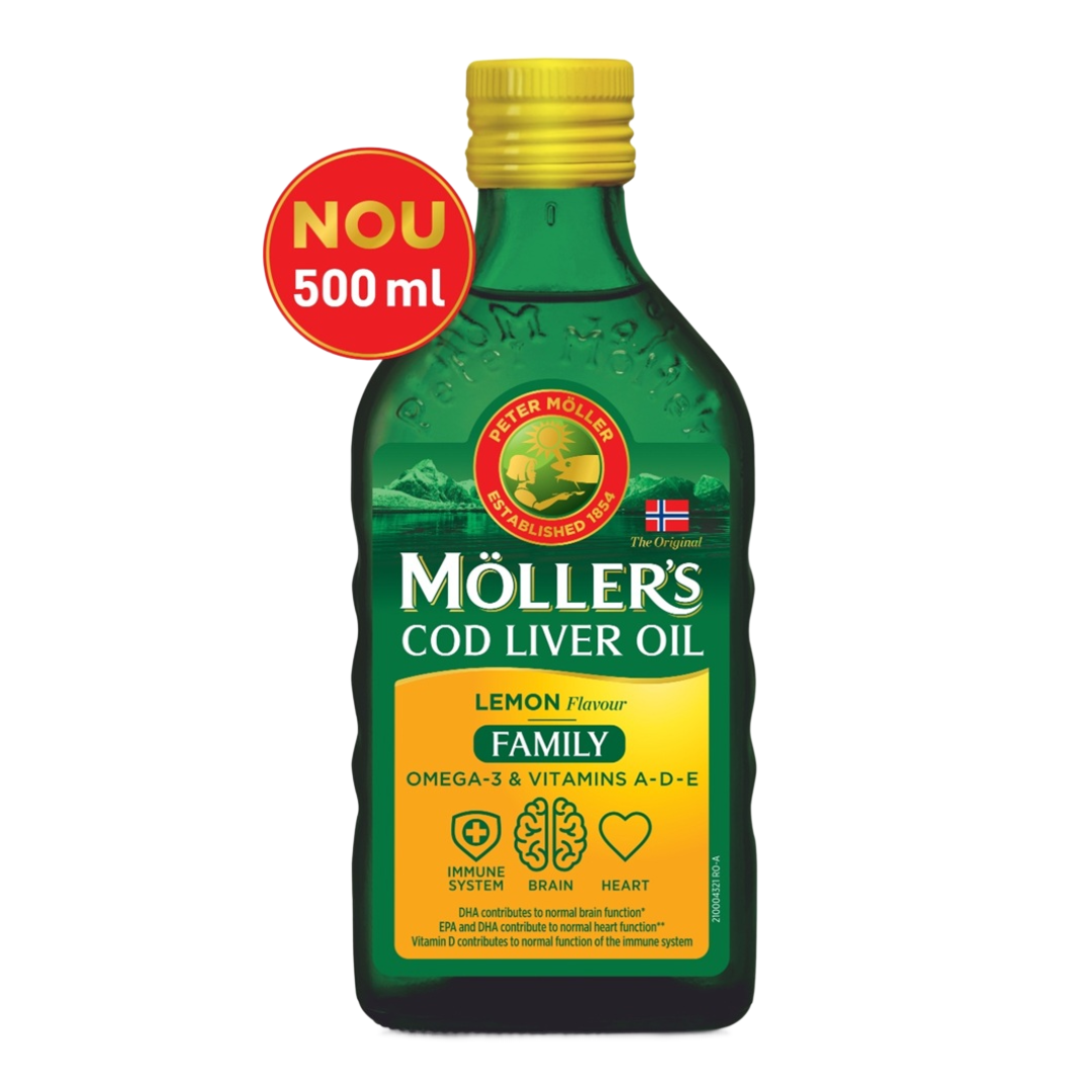 Cod liver oil Omega 3 cu aroma de lamaie Family, 500 ml, Moller's