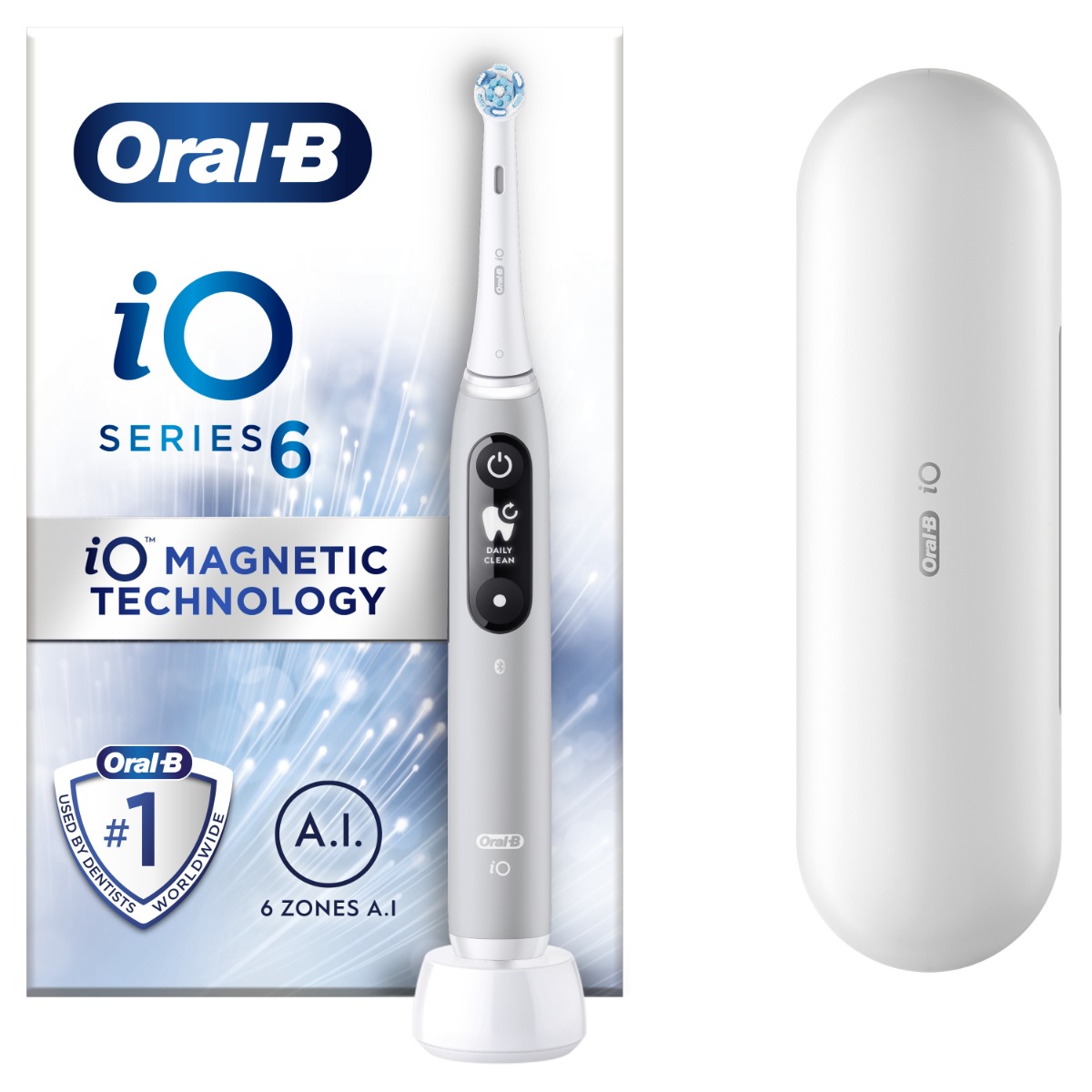 Set Periuta de dinti electrica cu tehnologie magnetica si micro-vibratii iO6 + Trusa de voiaj Gri, Oral-B