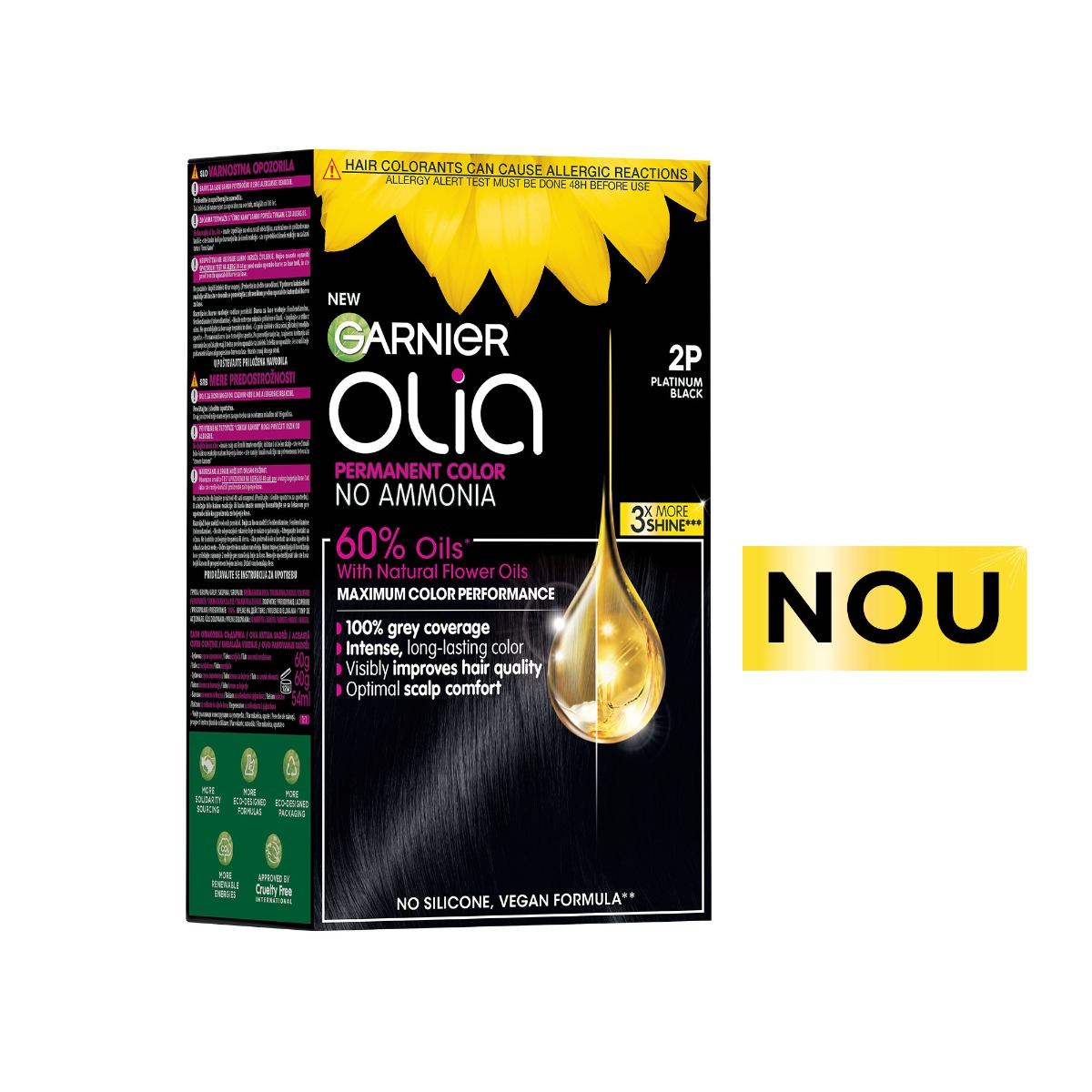 Vopsea de par permanenta fara amoniac 2P Platinum Black Olia , 174ml, Garnier