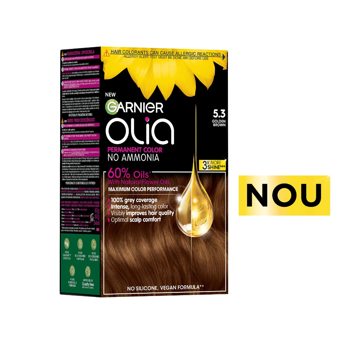 Vopsea de par permanenta fara amoniac 5.3 Golden Brown Olia, 174ml, Garnier