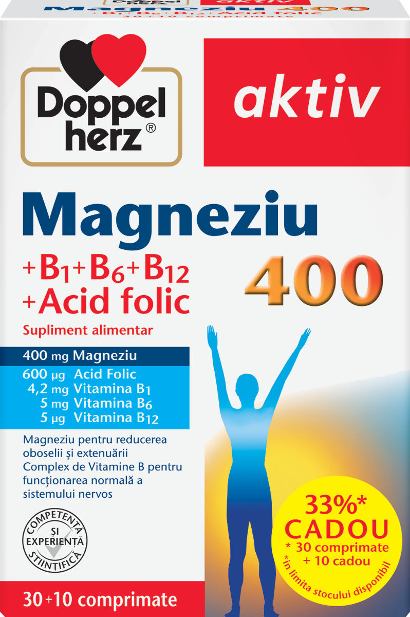 Magneziu 400 + B1 + B6 + B12 + Acid Folic, 30 + 10 comprimate, Doppelherz