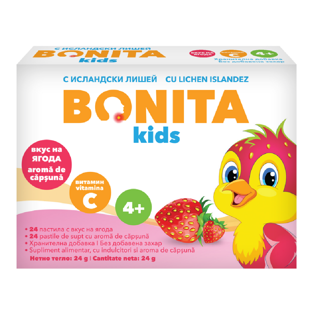 Pastile de supt moi Kids, cu aroma capsuni, 24 bucati, Bonita