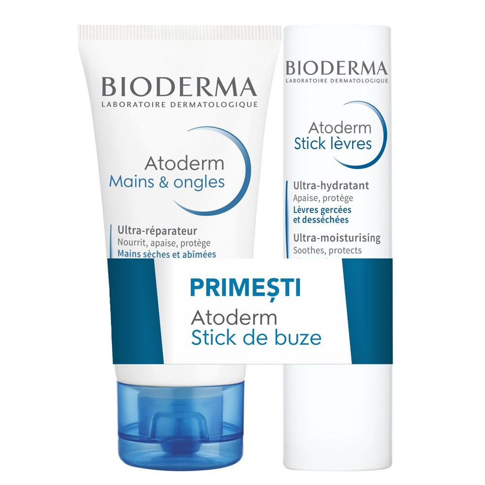 Bioderma Pachet Atoderm crema de maini si unghii 50 ml + stick de buze 4 g