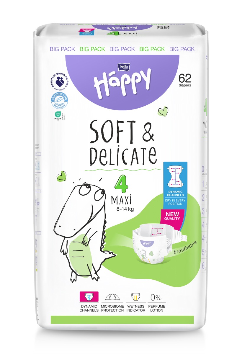 Scutece Happy Soft & Delicate 8-14 kg Maxi Marimea 4, 62 bucati, Bella Baby