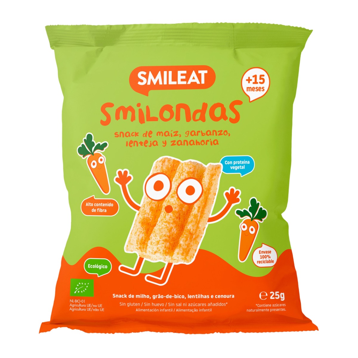 Chipsuri cu porumb naut linte si morcov Smilondas, +15 luni Bio, 25g, Smileat